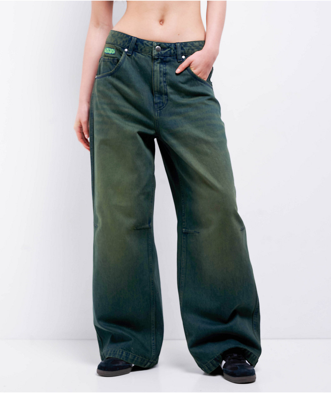 Empyre Extent Willow Green Wash Low Rise Wide Leg Jeans