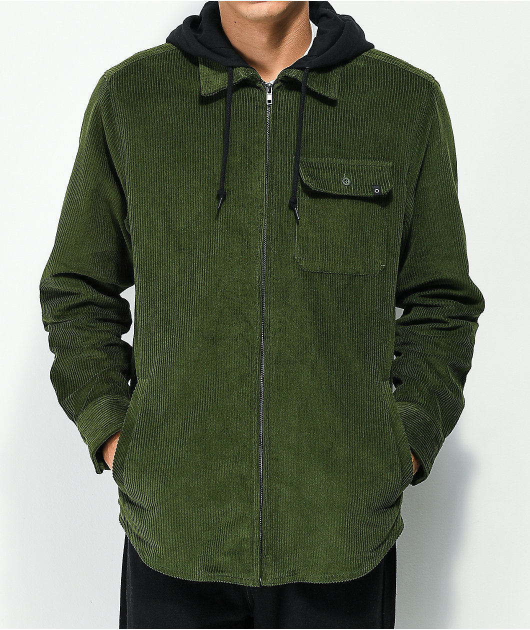 Empyre Fluke Green Hooded Corduroy Woven Long Sleeve Shirt