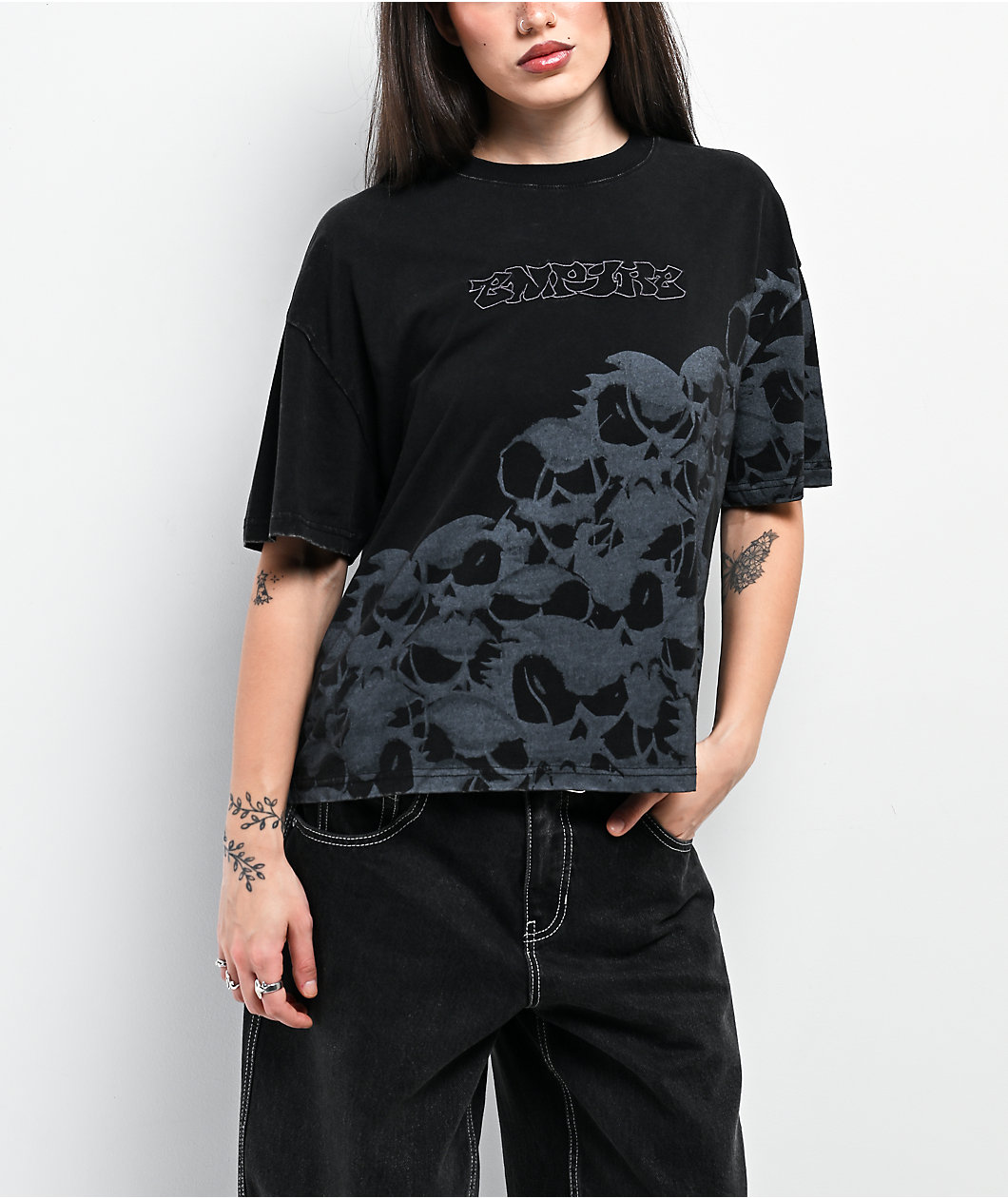 Empyre Frances Skulls Black Wash Boxy T-Shirt