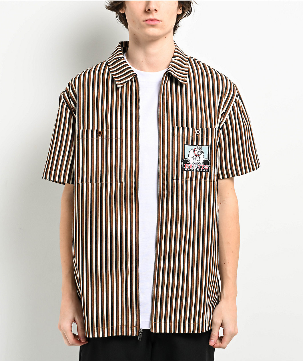 Empyre Glen Black, White & Brown Stripe Short Sleeve Zip Shirt