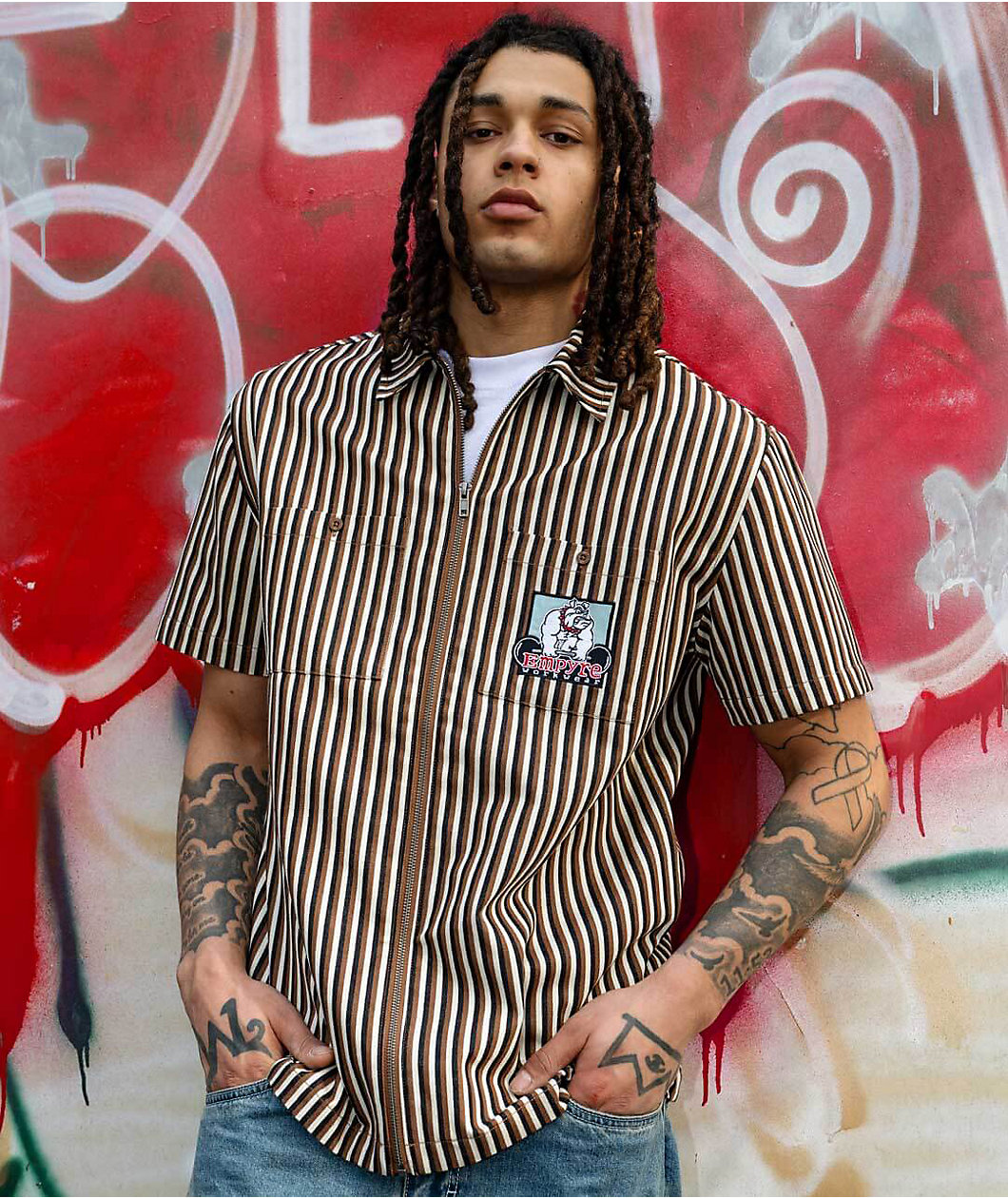 Empyre Glen Black, White & Brown Stripe Short Sleeve Zip Shirt