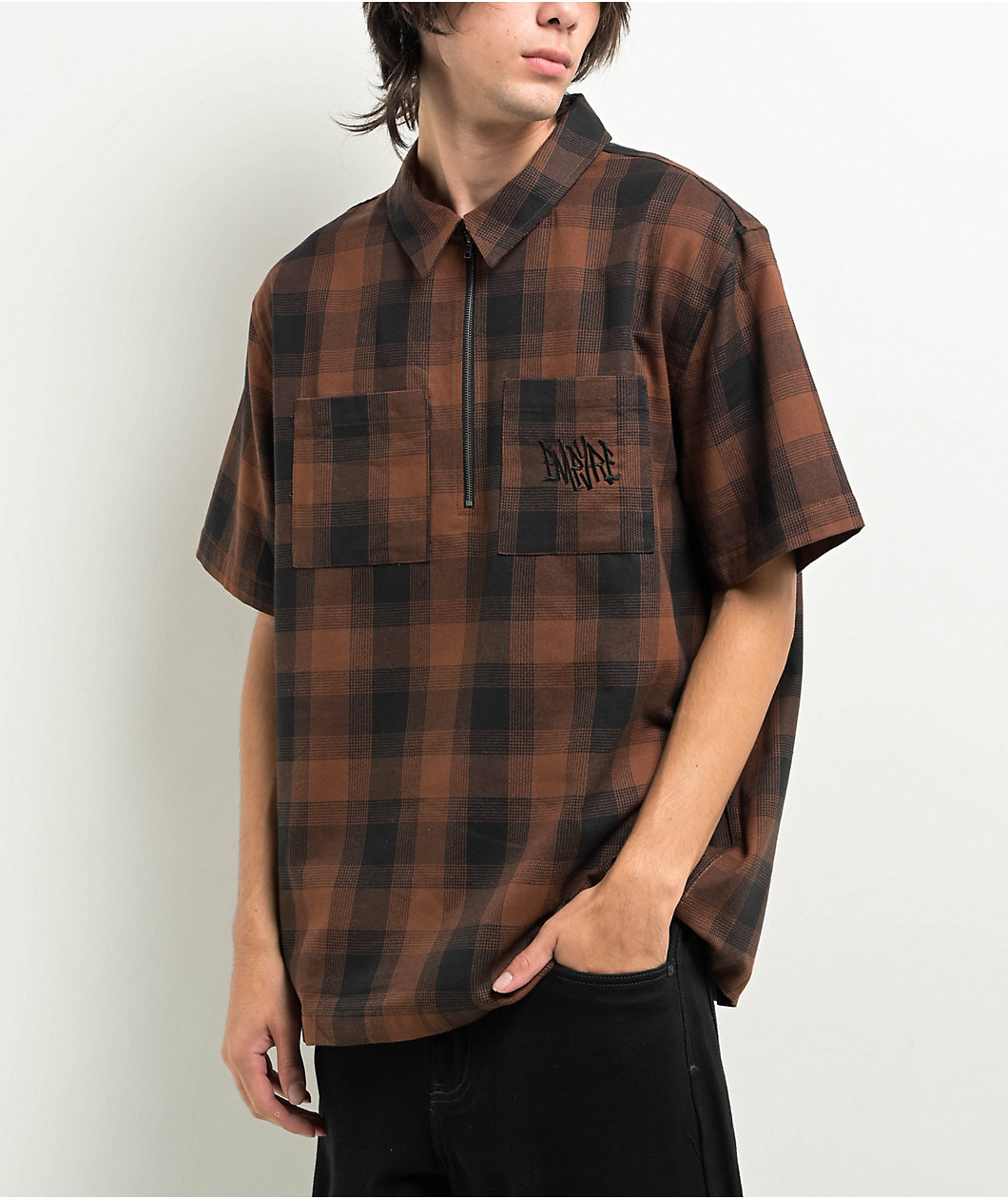 Empyre Glen Brown & Black Plaid Quarter Zip Work Shirt