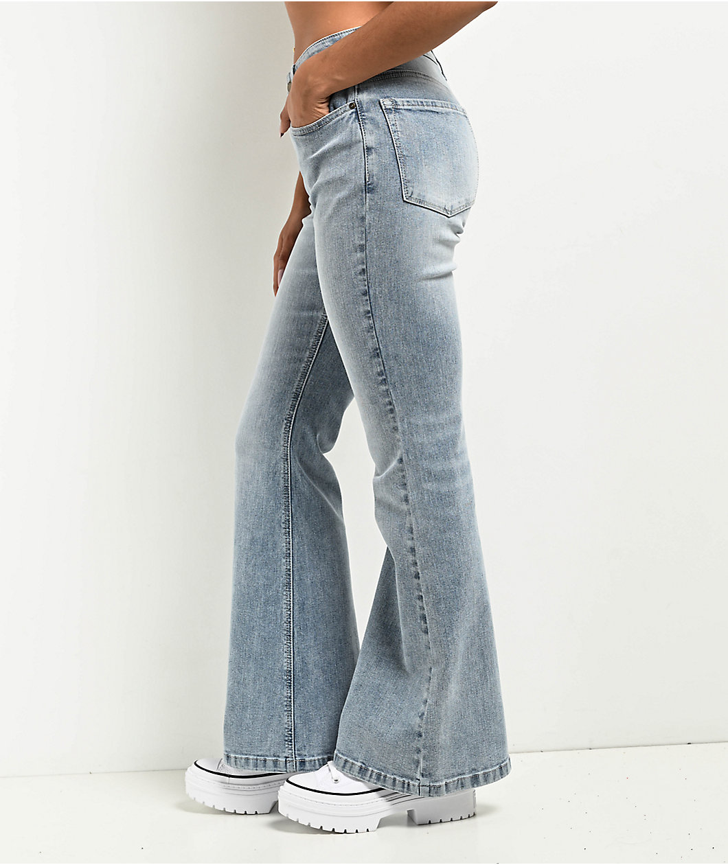 Empyre Glimmer Blossom Light Blue Wash Mid Rise Flare Jeans