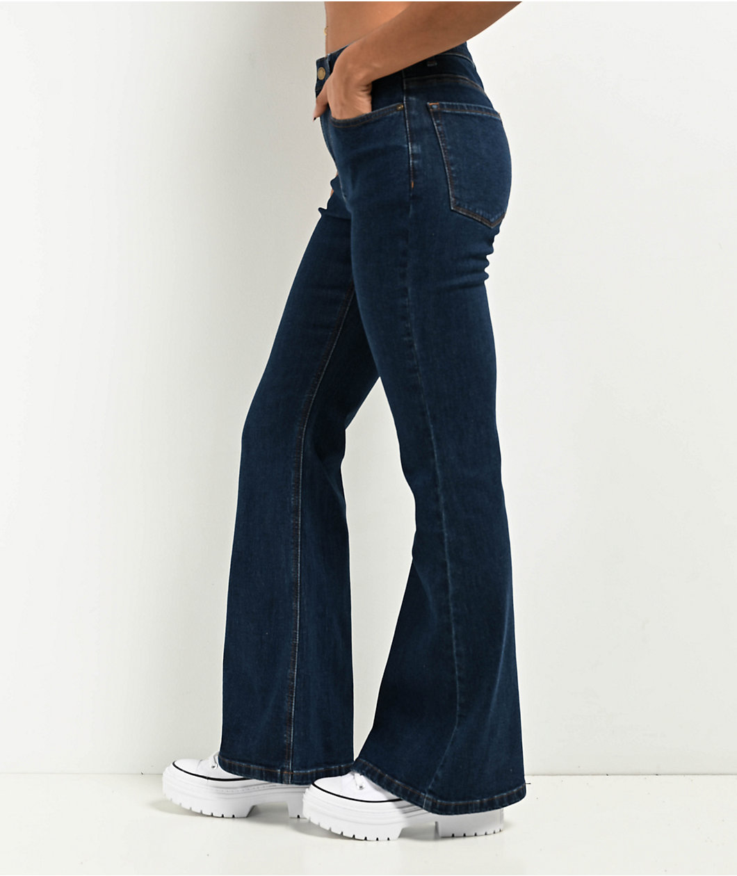 Empyre Glimmer Evening Dark Blue Wash Mid Rise Flare Jeans