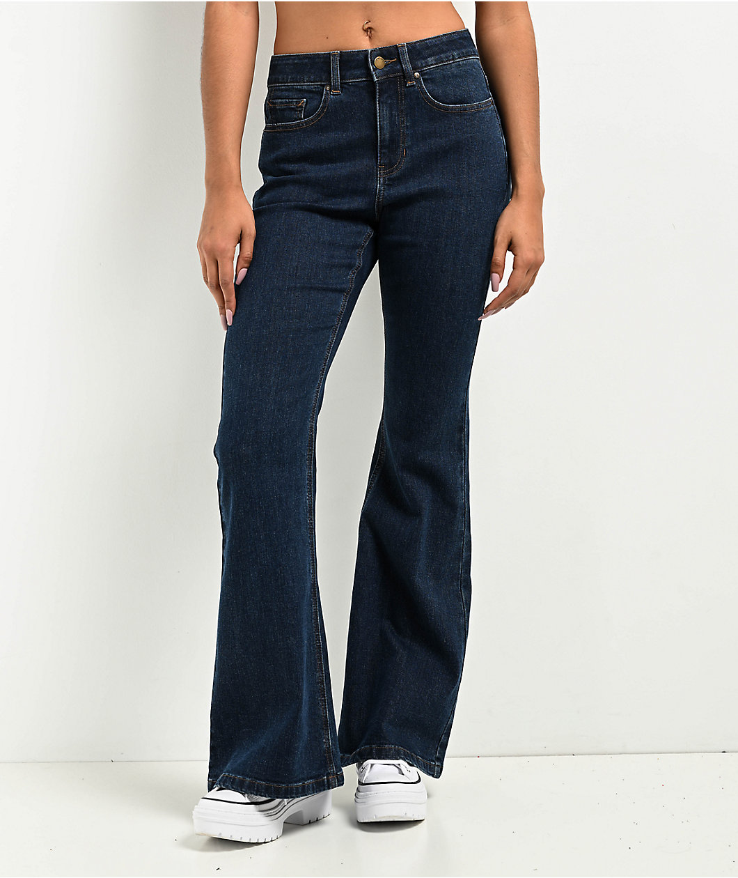 Empyre Glimmer Evening Dark Blue Wash Mid Rise Flare Jeans