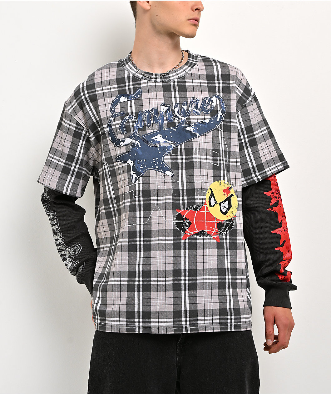 Empyre Jigsaw Grey Plaid 2fer Long Sleeve T-Shirt
