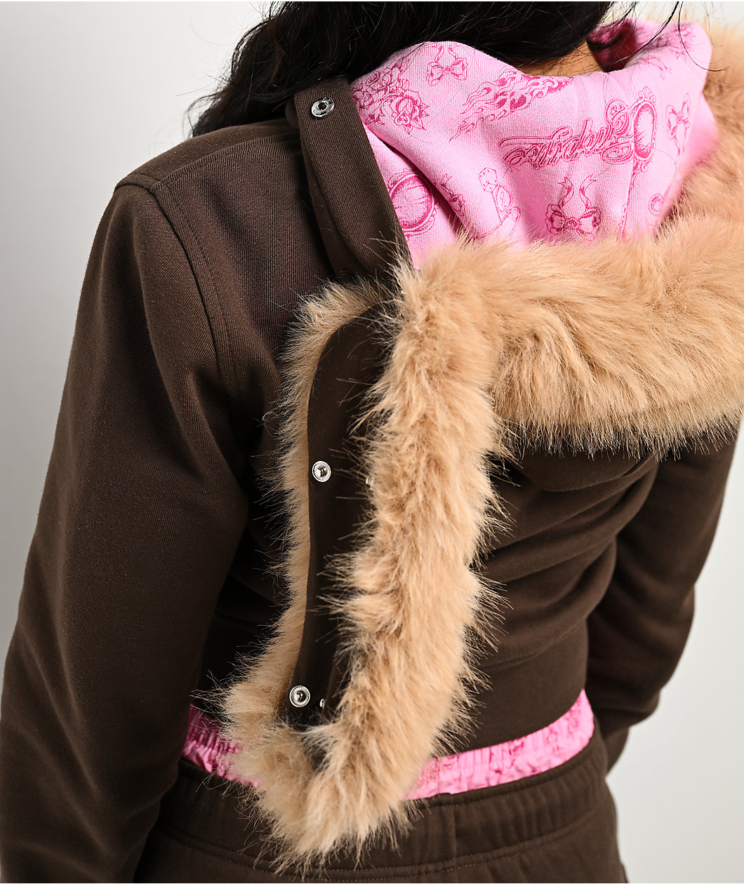 Empyre Joan Faux Fur Brown & Pink Zip Up Hoodie