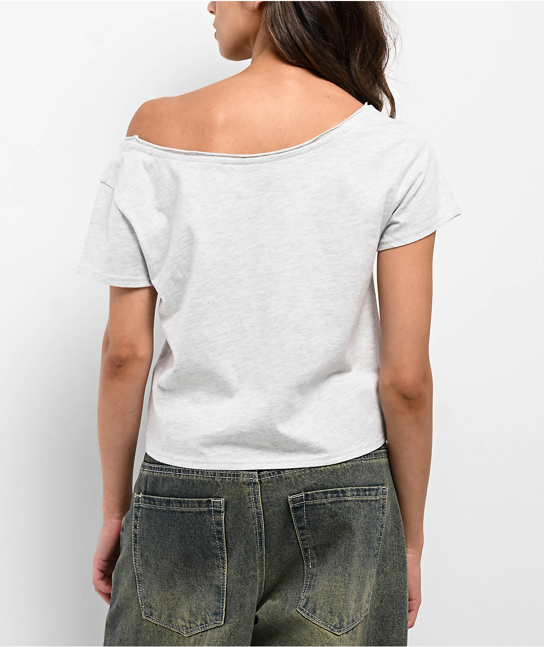 Empyre Kasey Off Shoulder Grey Boxy Crop T-Shirt