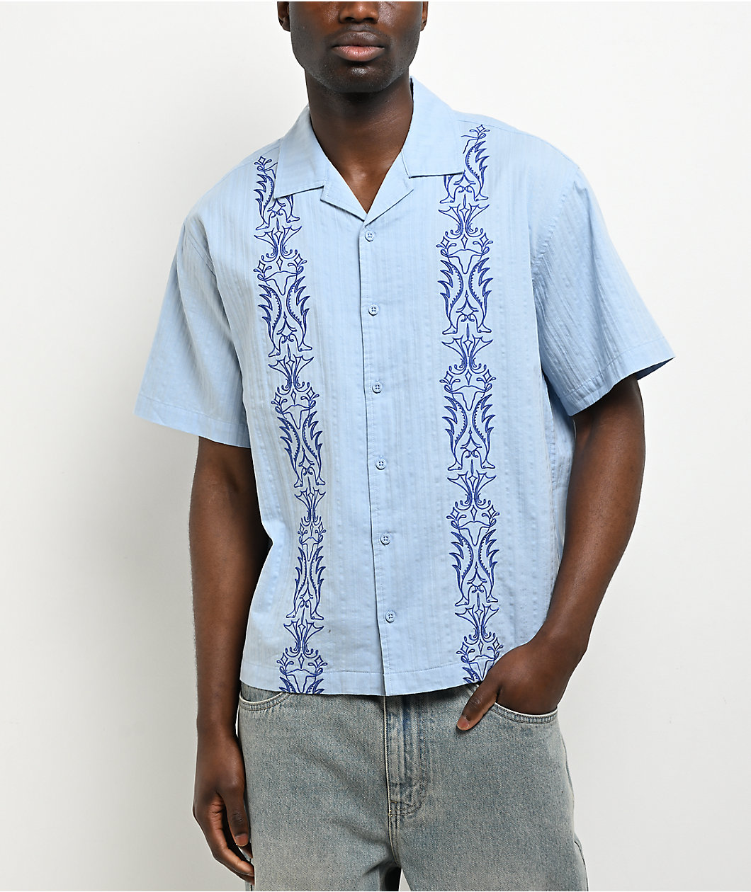 Empyre Lenny Embroidered Bue Button Up Shirt