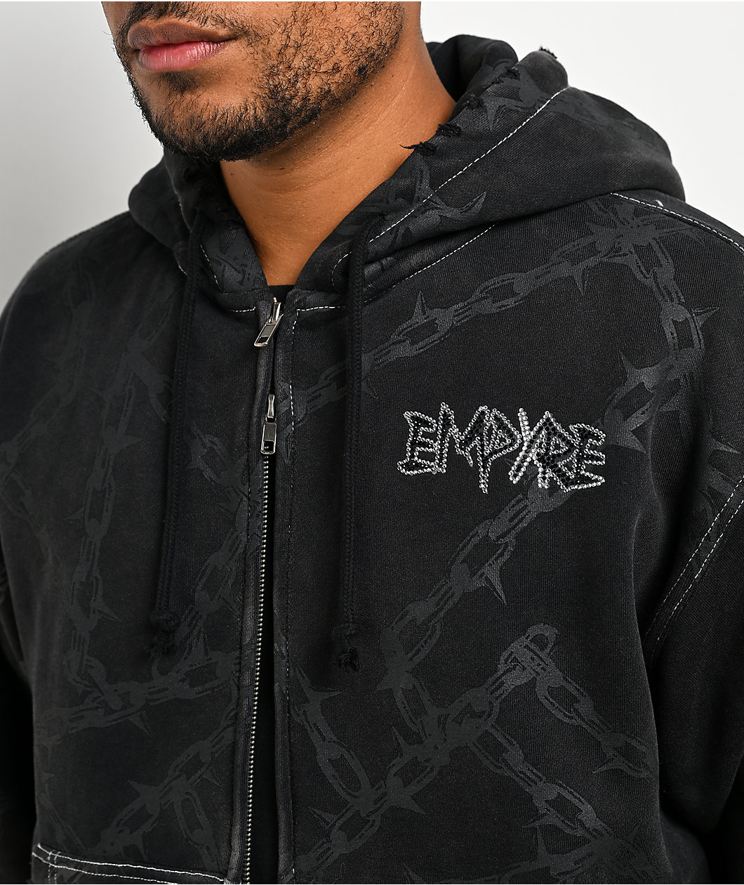 Empyre Prisoner Rhinestone Black Wash Cropped Zip Hoodie