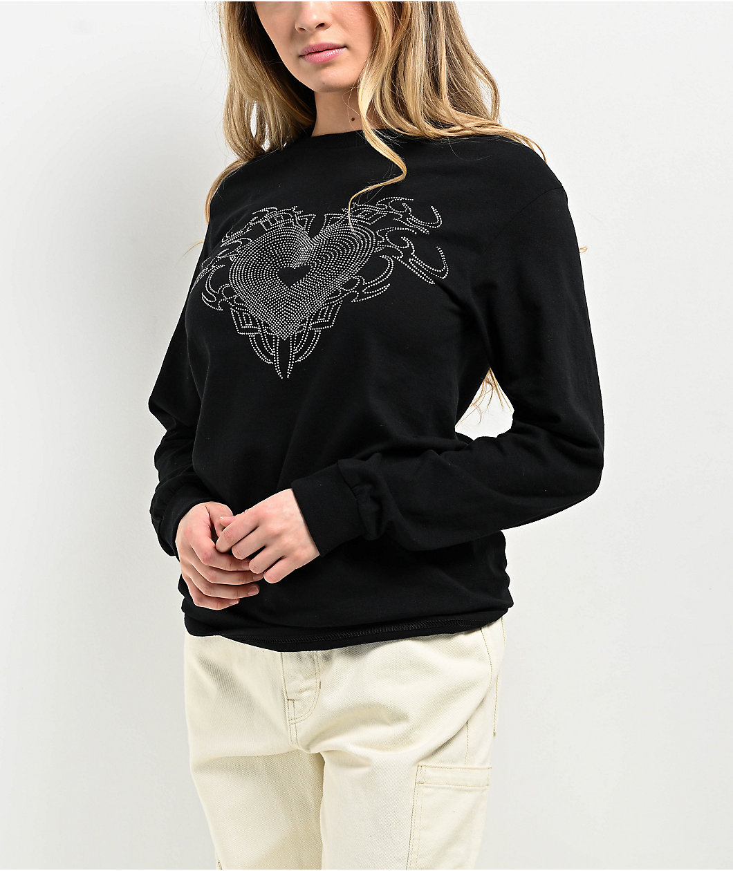 Empyre Rhinestone Heart Black Long Sleeve T-Shirt