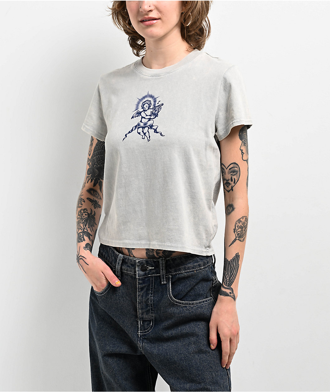 Empyre Ricky Cherub Grey Mineral Wash Crop T-Shirt