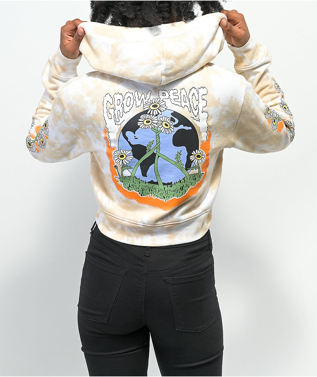 Empyre Rudy Grow Peace Tan Tie Dye Crop Zip Hoodie