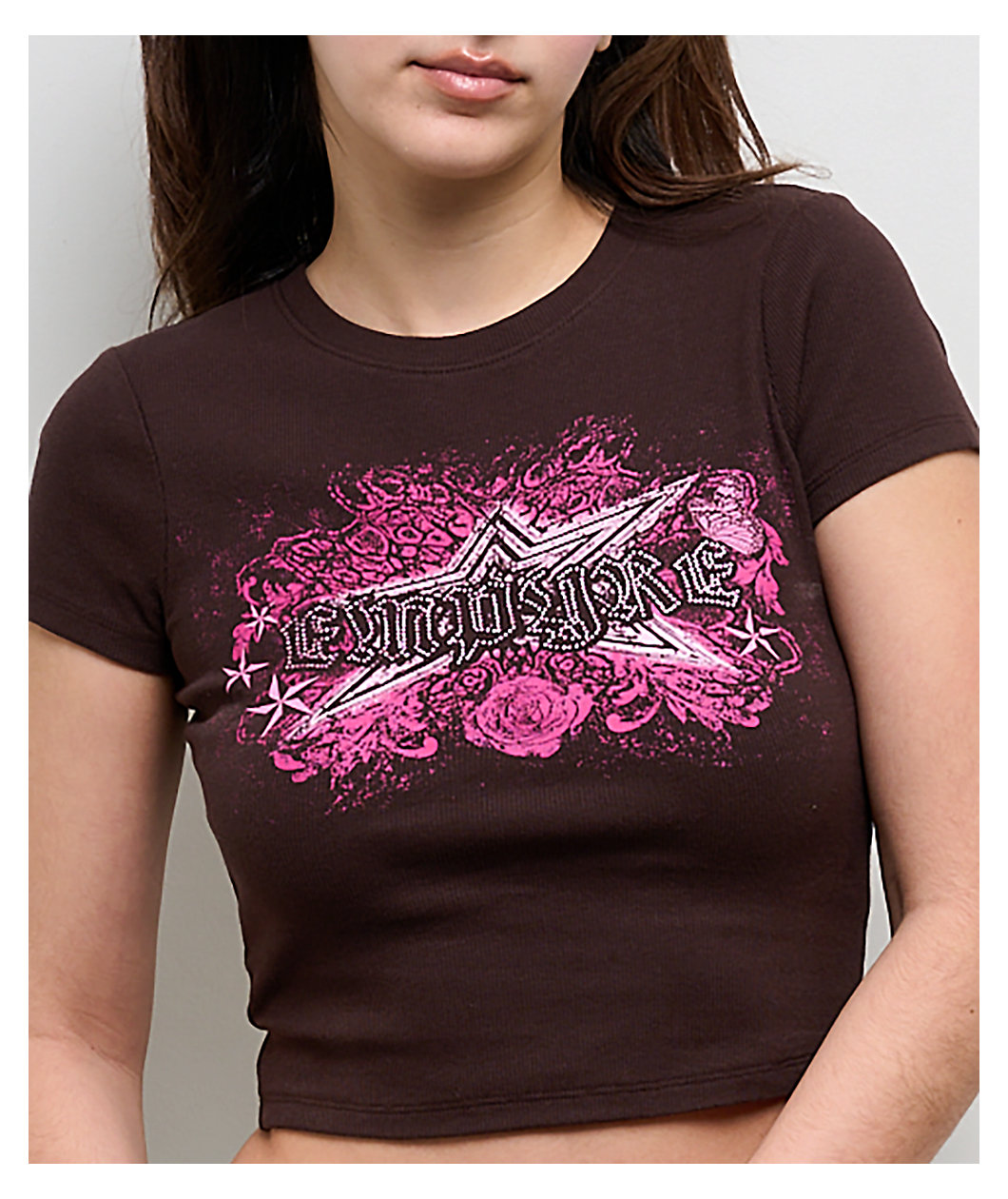 Empyre Sara Brown Ribbed Crop T-Shirt