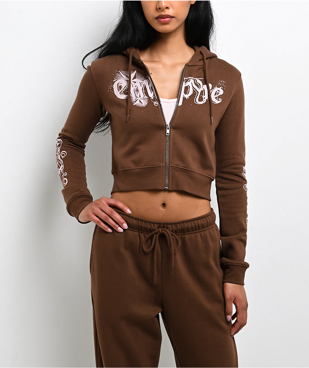 Empyre Scene Brown Crop Zip Hoodie