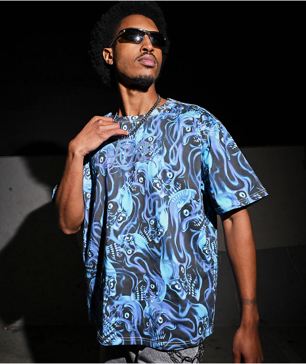 Empyre Smokeshow Skulls Blue & Black Boxy T-Shirt