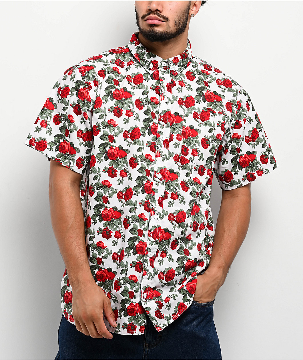 Empyre Tate Roses White & Red Button Up Shirt