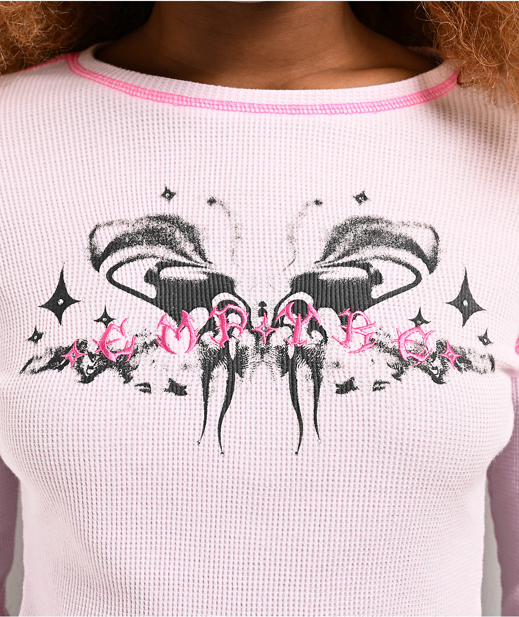 Empyre Thelma Butterfly Pink Crop Thermal Long Sleeve T-Shirt