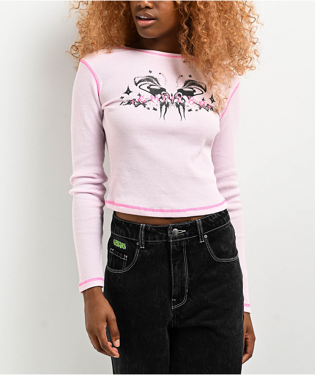 Empyre Thelma Butterfly Pink Crop Thermal Long Sleeve T-Shirt