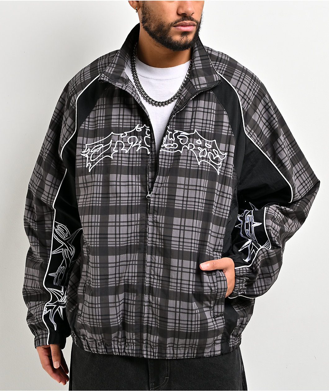 Empyre Thorns Grey Plaid & Black Windbreaker Jacket