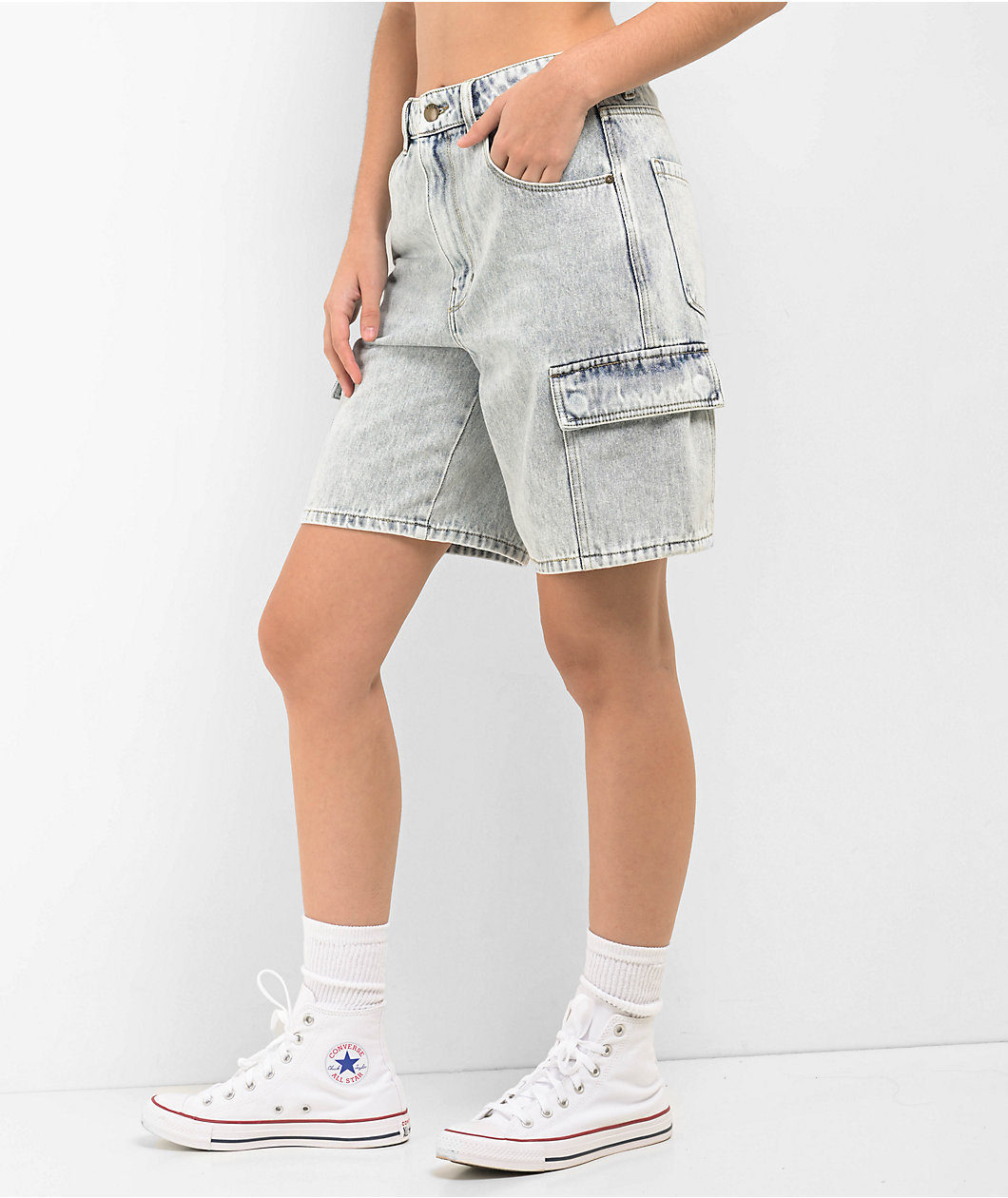 Empyre Tori Blue Acid Wash Denim Cargo Shorts