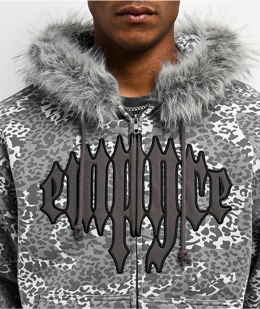 Empyre Transplant Grey Cheetah Faux Fur Zip Hoodie