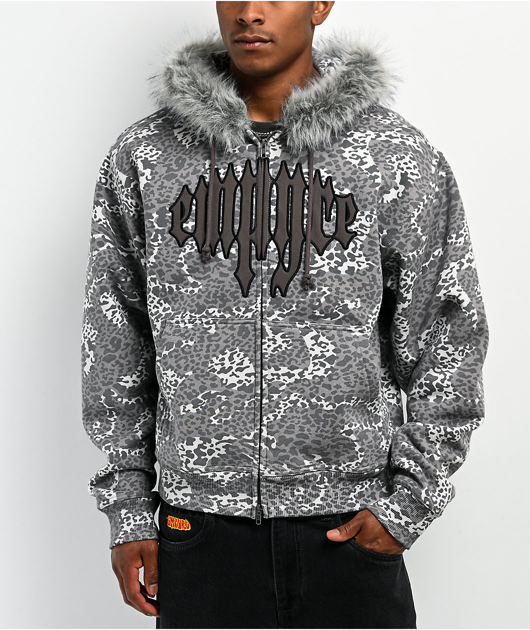 Empyre Transplant Grey Cheetah Faux Fur Zip Hoodie