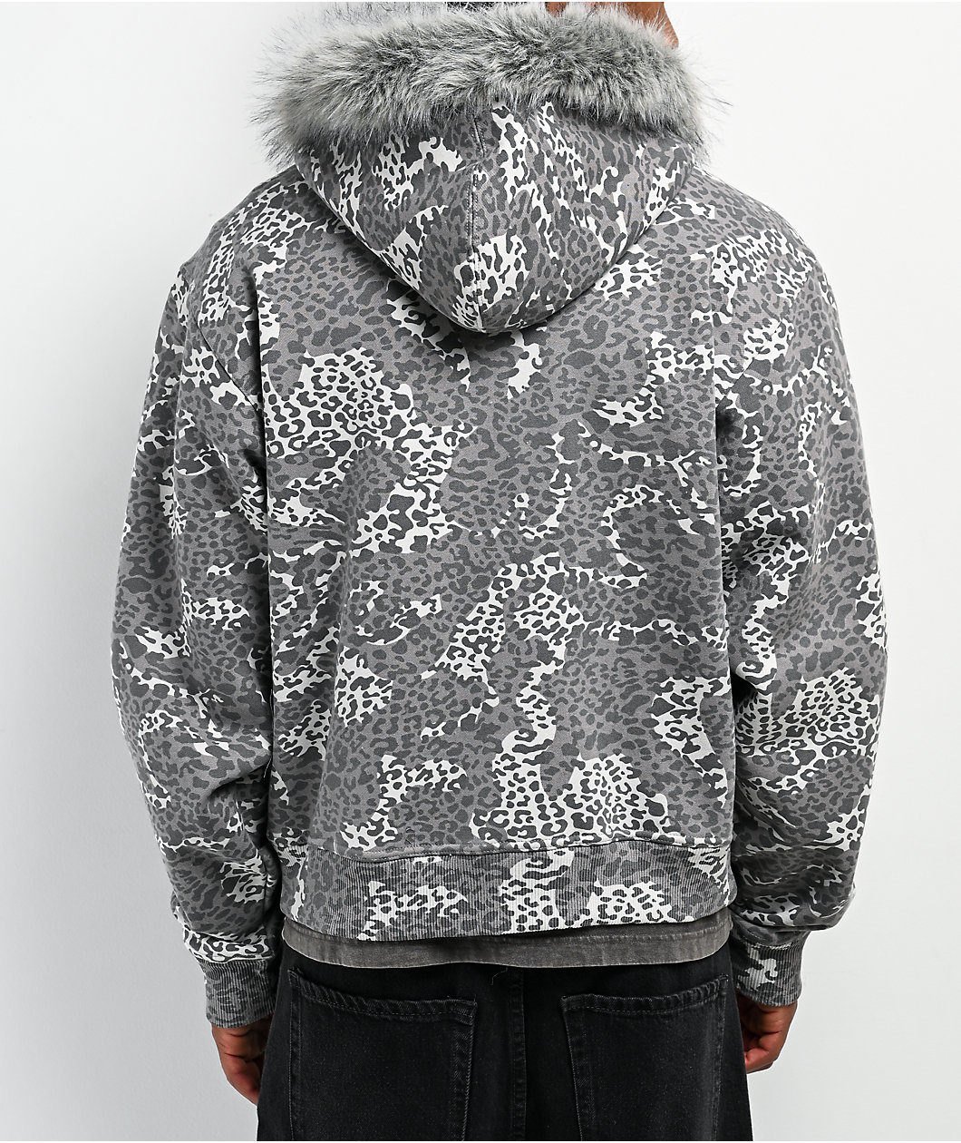 Empyre Transplant Grey Cheetah Faux Fur Zip Hoodie