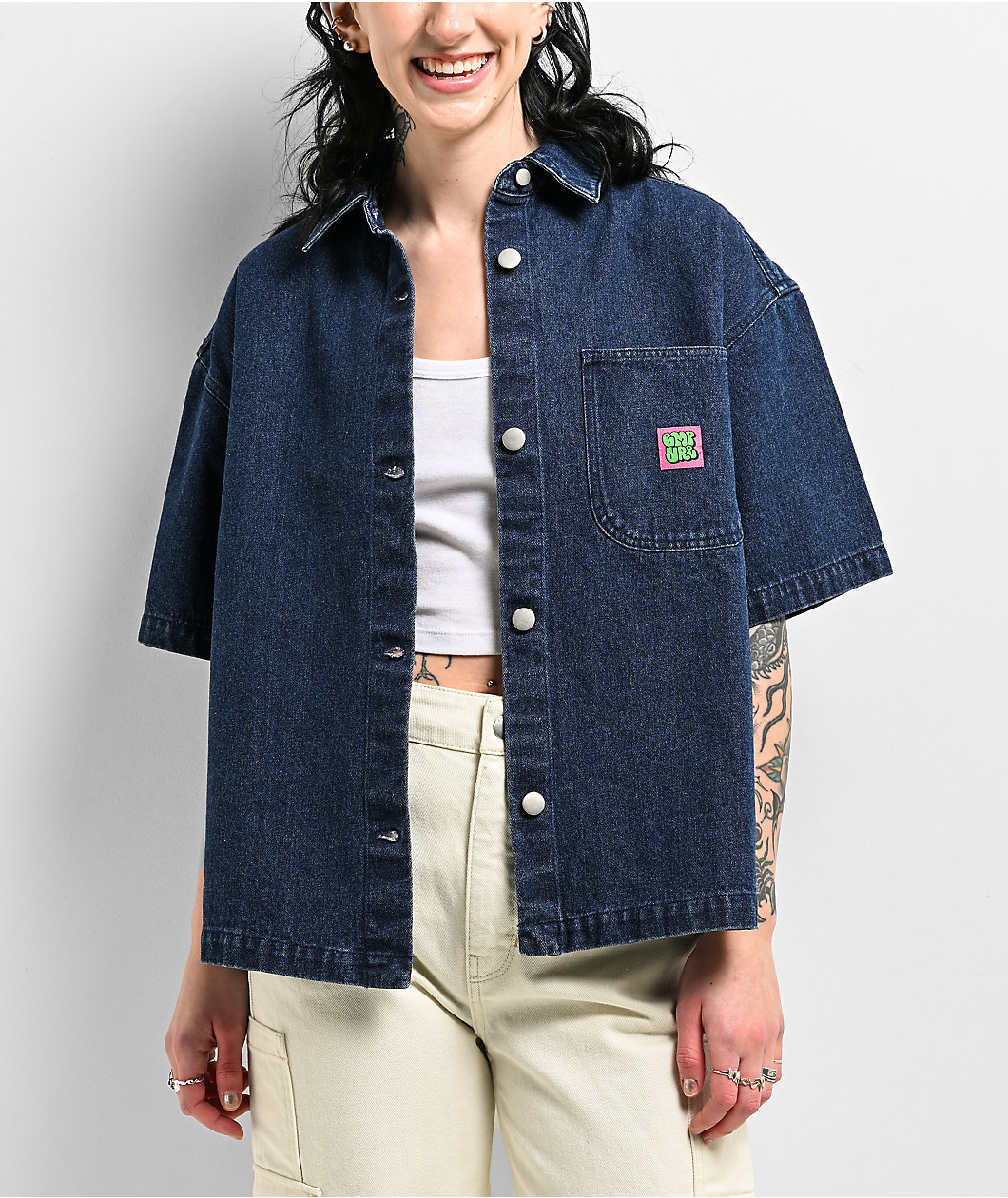 Empyre Wesley Dark Blue Button Up Short Sleeve Denim Shirt