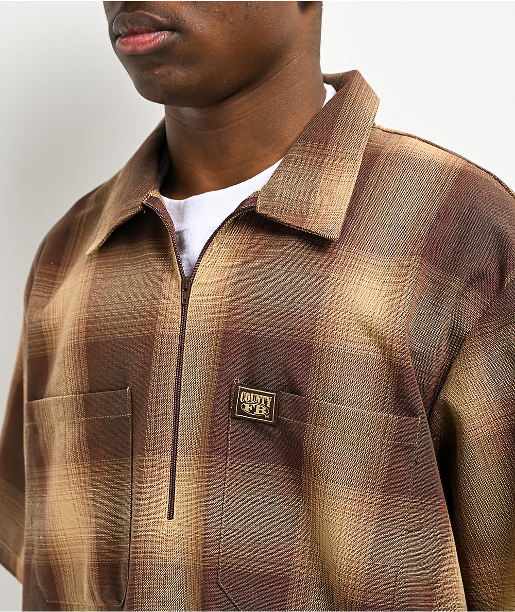 FB County Brown Checker Zip Short Sleeve Shirt