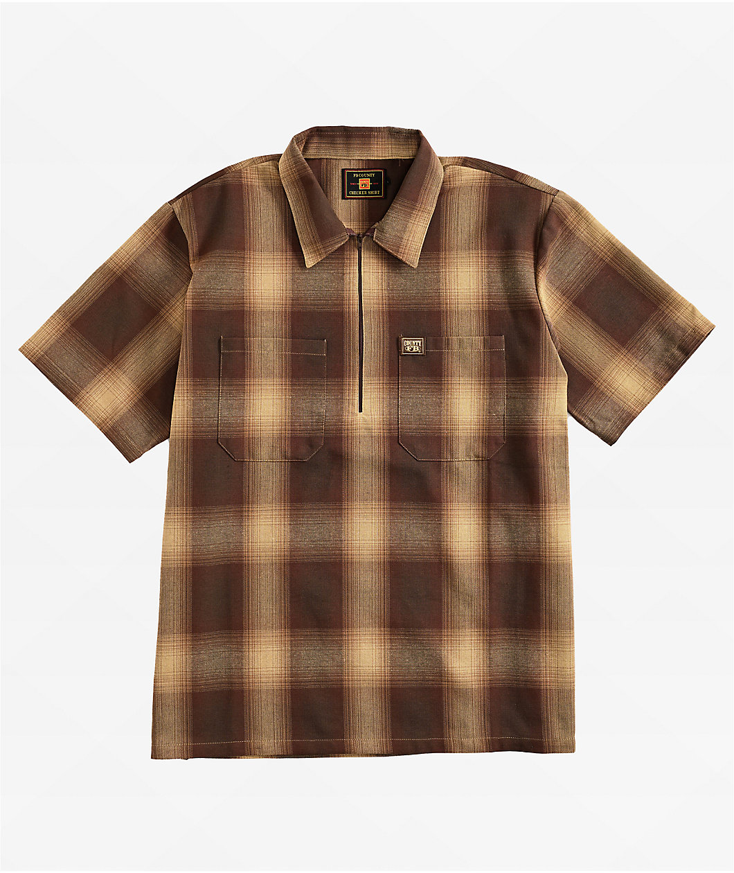 FB County Brown Checker Zip Short Sleeve Shirt