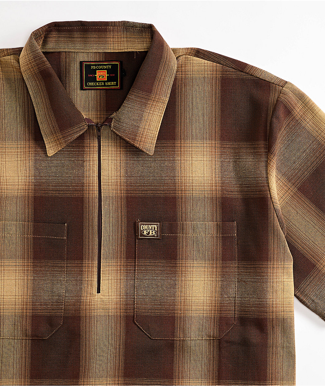 FB County Brown Checker Zip Short Sleeve Shirt