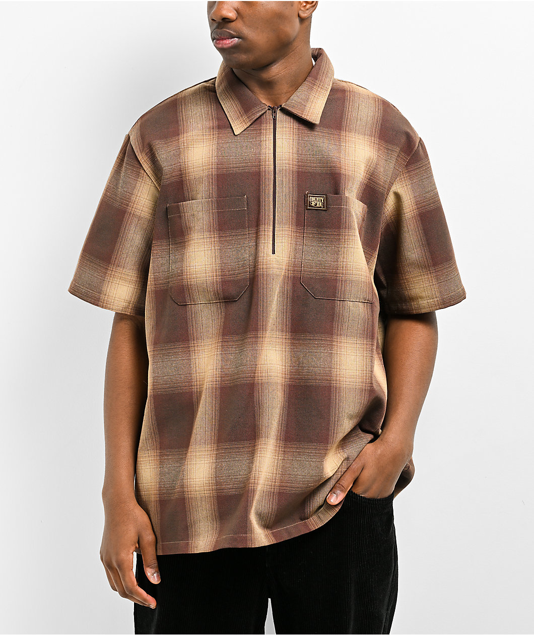 FB County Brown Checker Zip Short Sleeve Shirt