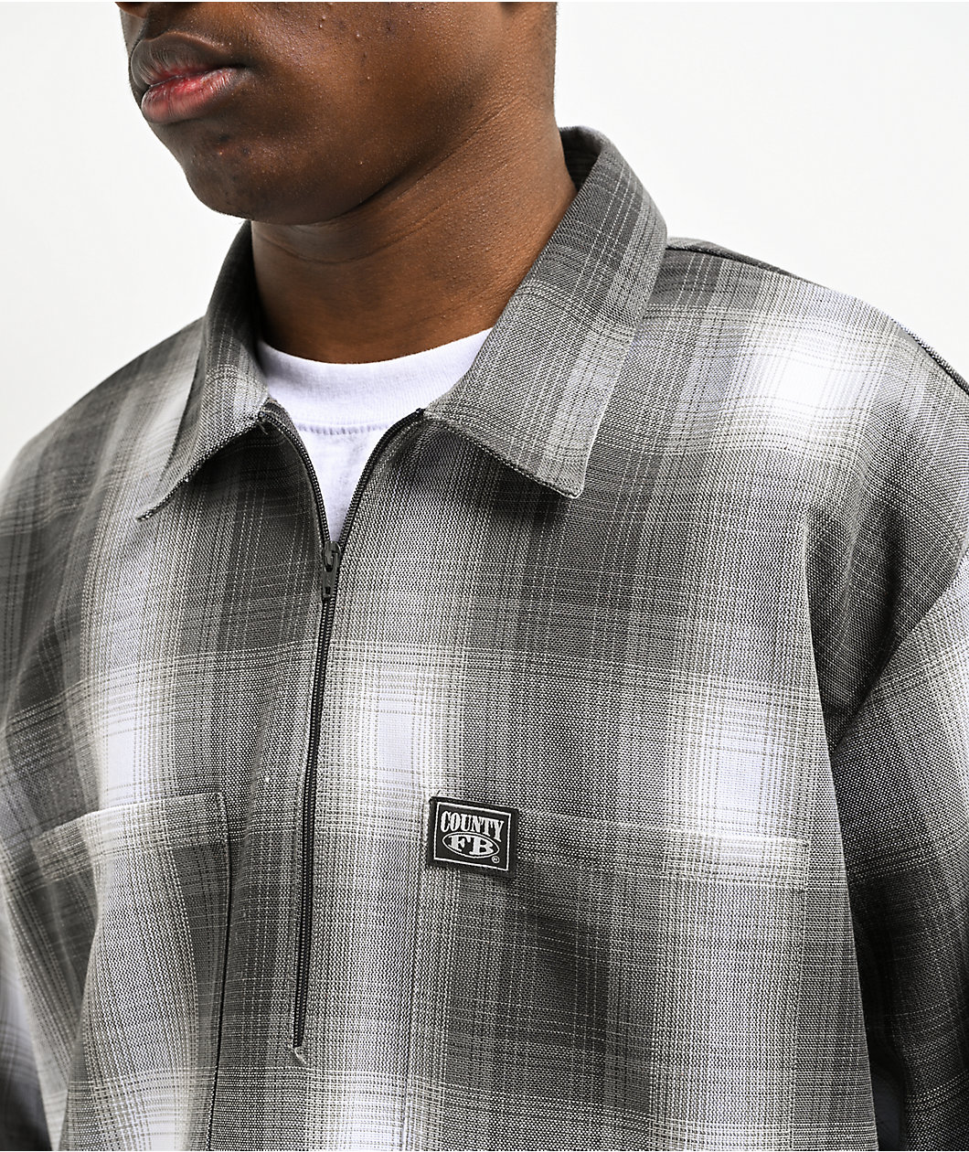 FB County Charcoal & White Checker Zip Long Sleeve Shirt