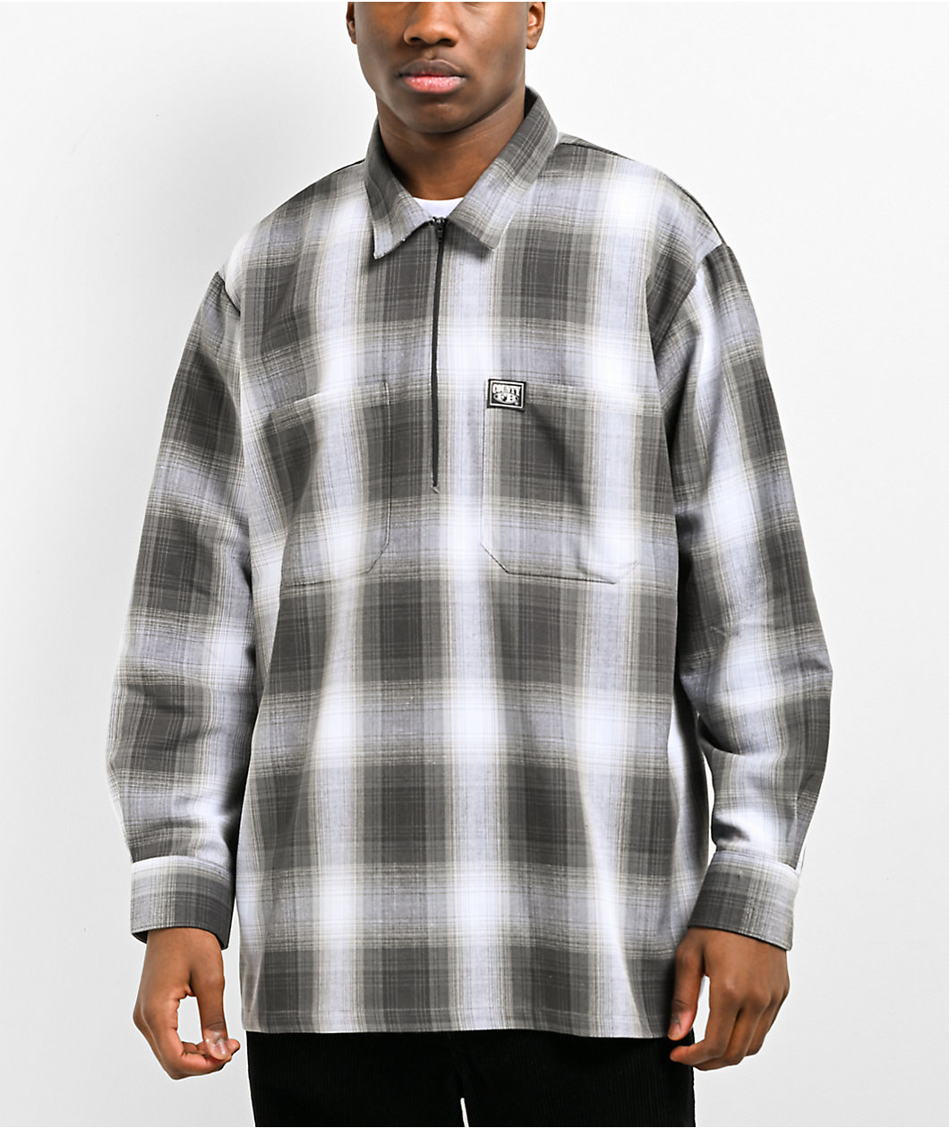 FB County Charcoal & White Checker Zip Long Sleeve Shirt