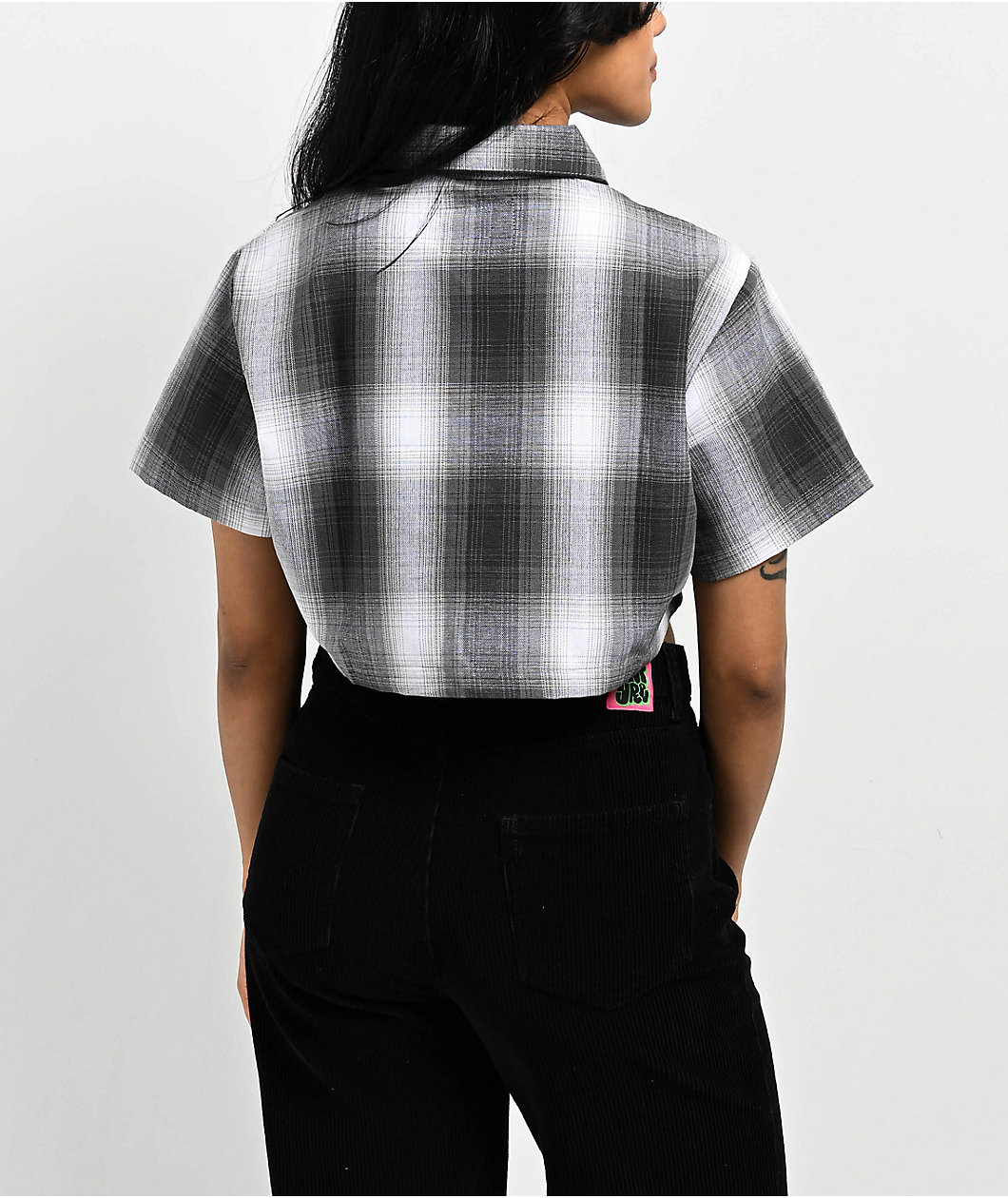 FB County Checker Grey Zip Crop Short Sleeve Shirt