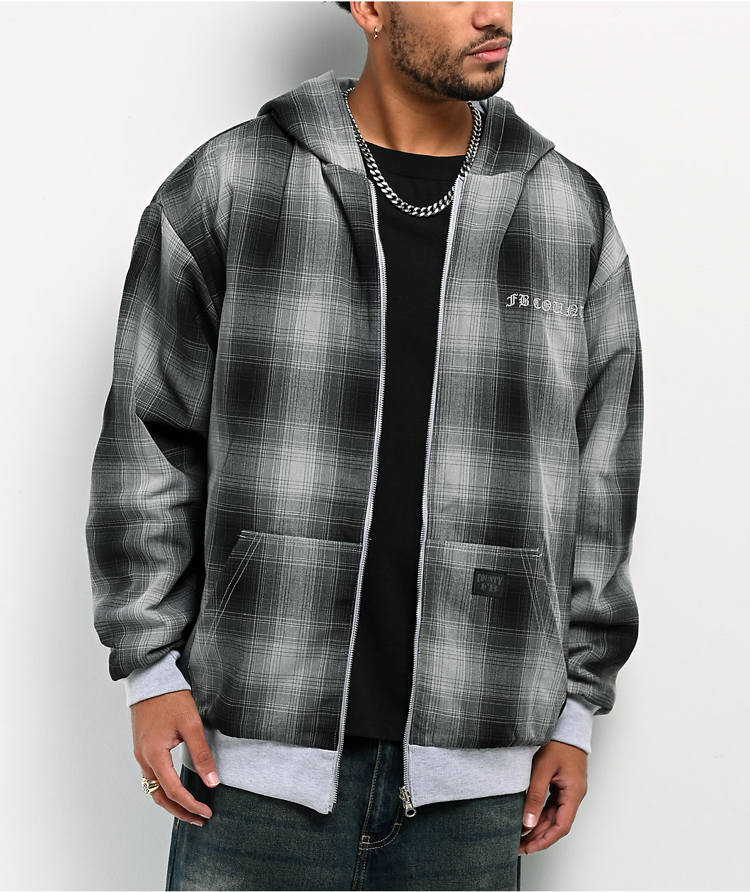 FB County Grey Plaid Reversible Zip Hoodie