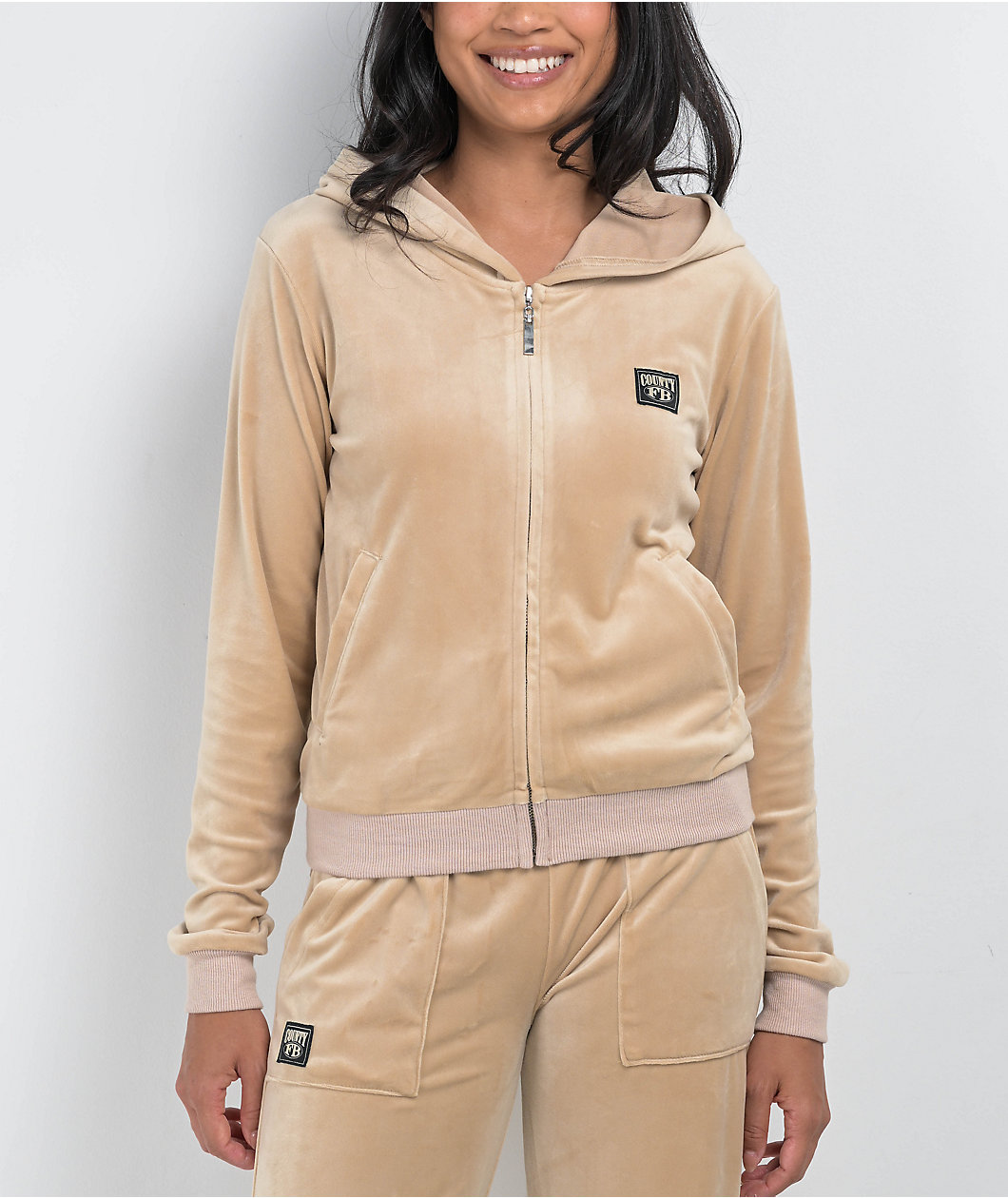 FB County Khaki Velour Zip Hoodie