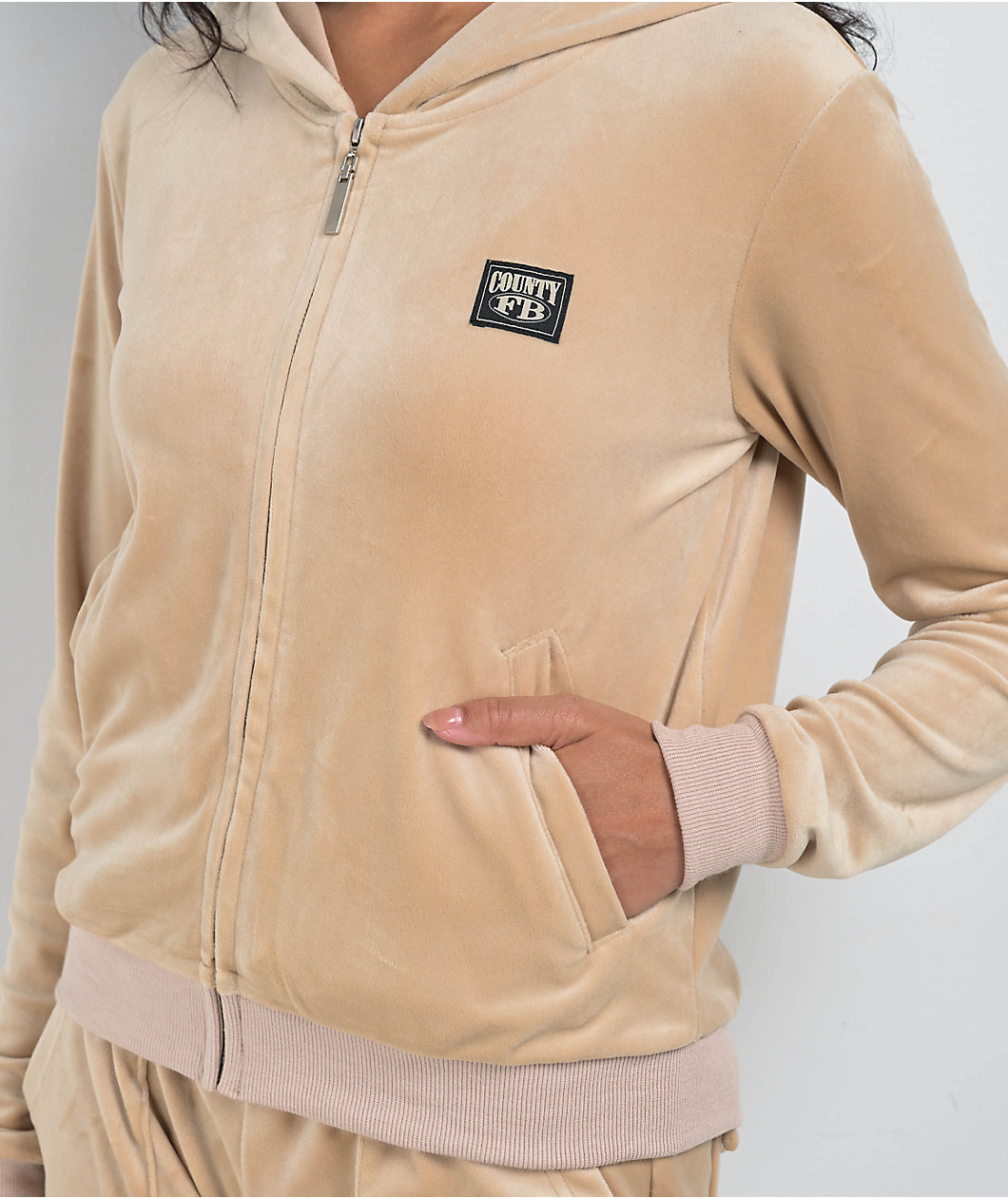 FB County Khaki Velour Zip Hoodie