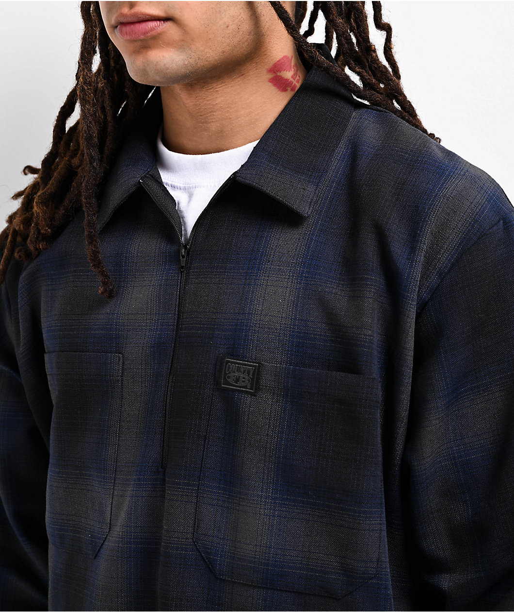 FB County Navy Blue & Black Checker Zip Long Sleeve Shirt