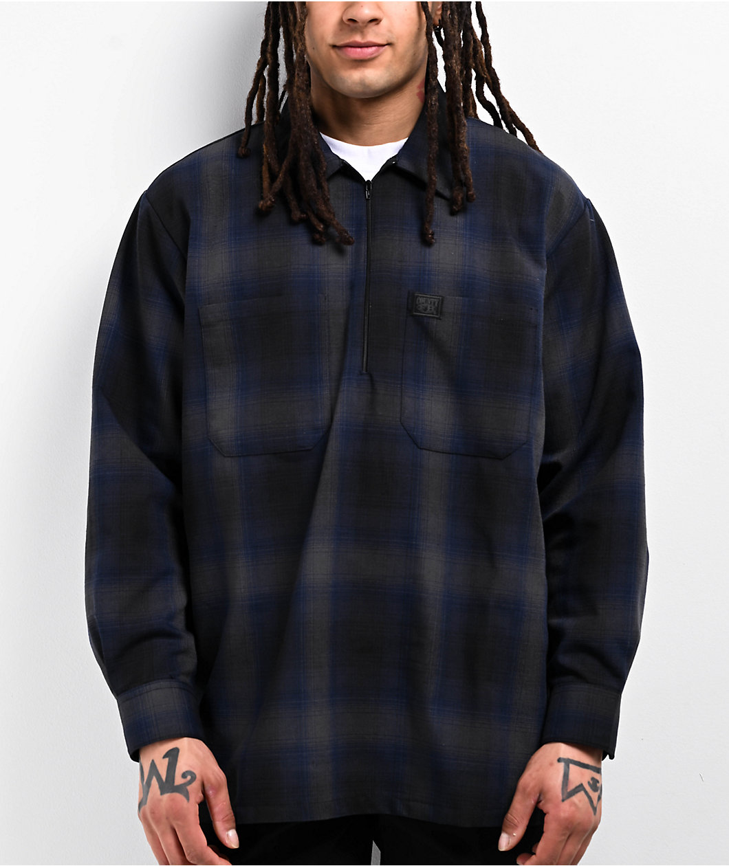 FB County Navy Blue & Black Checker Zip Long Sleeve Shirt