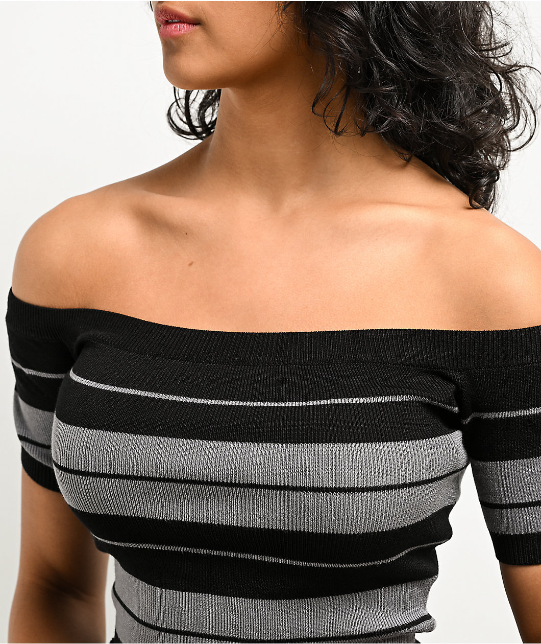 FB County Off Shoulder Black Stripe Crop T-Shirt