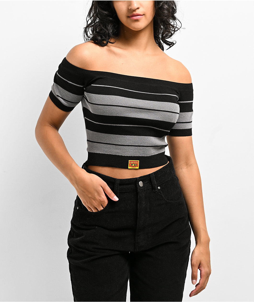 FB County Off Shoulder Black Stripe Crop T-Shirt