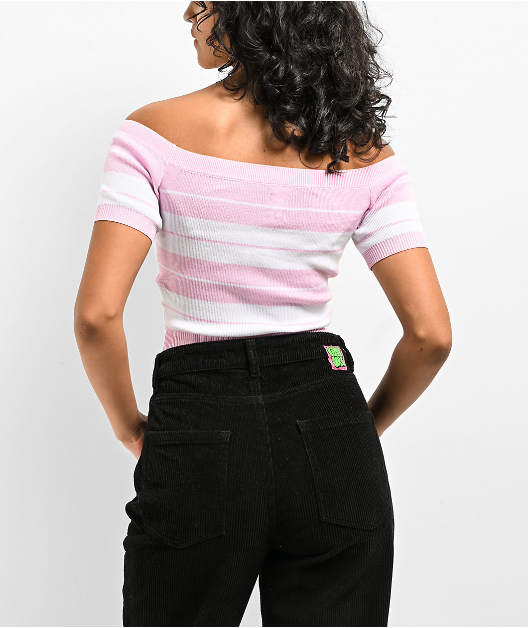 FB County Off Shoulder Pink Stripe Crop T-Shirt