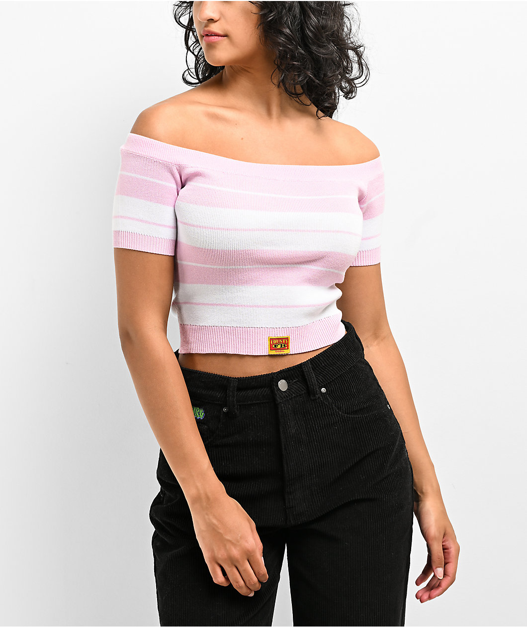 FB County Off Shoulder Pink Stripe Crop T-Shirt