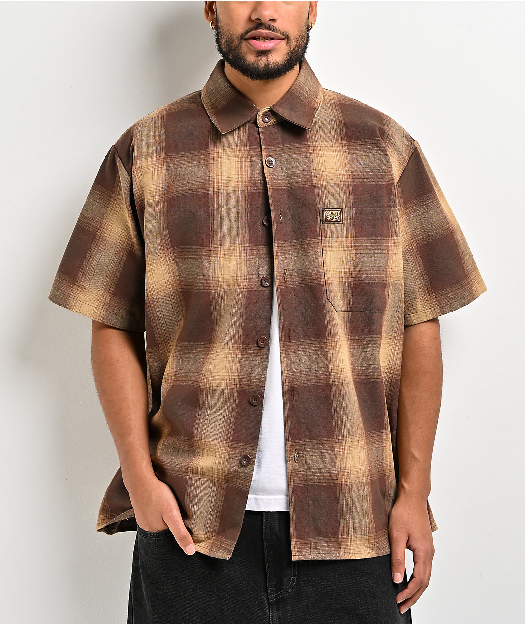 FB County Plaid Brown & Tan Button Up Shirt