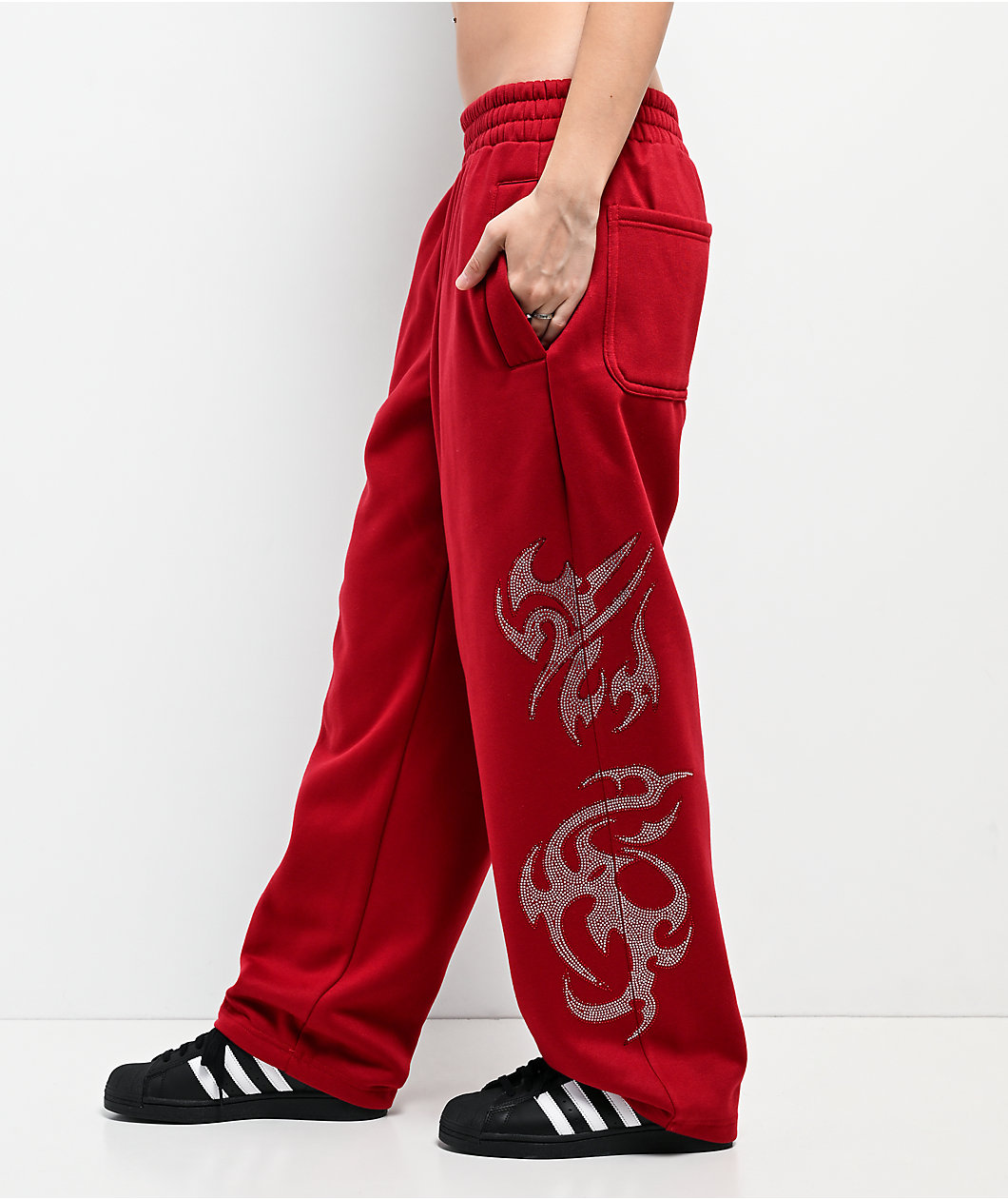 FB County Rhinestone Red Straight Leg Sweatpants