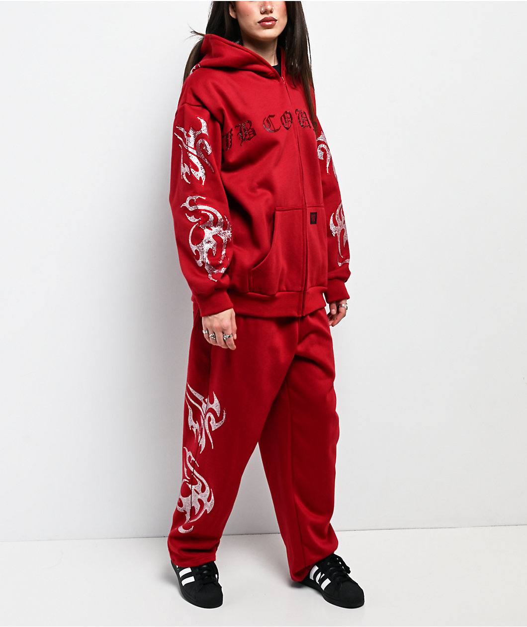 FB County Rhinestone Red Straight Leg Sweatpants