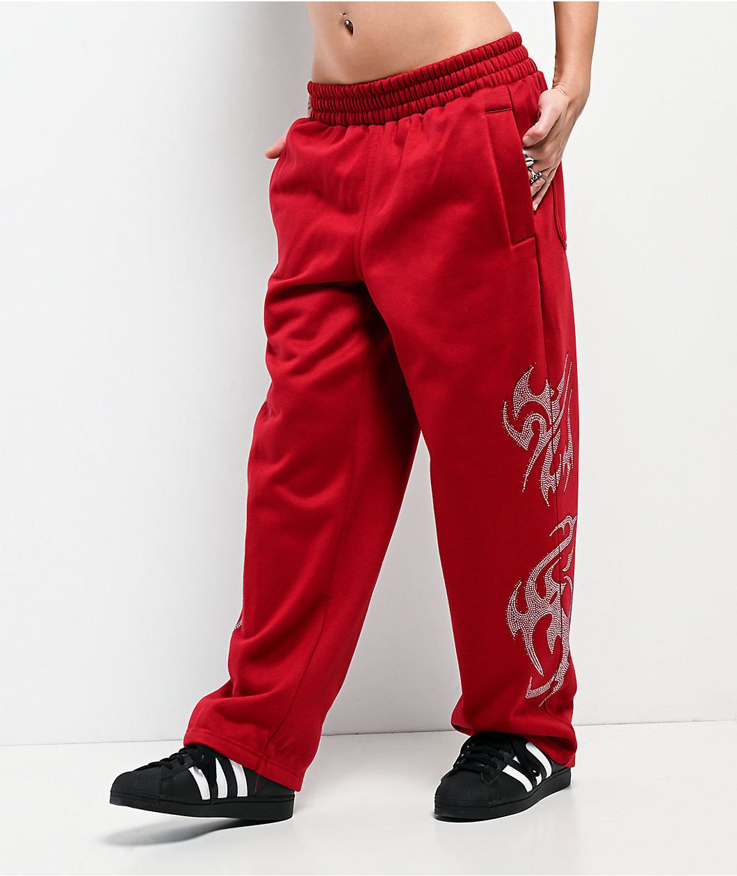 FB County Rhinestone Red Straight Leg Sweatpants