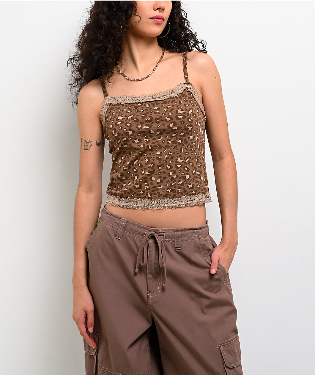 Freeworld Evelyn Lace Cheetah Brown Crop Tank Top